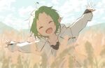  1girl ahoge closed_eyes cloud cloudy_sky day green_hair highres hood hooded_jacket jacket mushoku_tensei open_mouth outdoors outstretched_arms shirt short_hair sky solo sylphiette_(mushoku_tensei) takeda_(kanaria09) wheat_field white_jacket white_shirt 