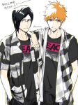  2boys black_hair black_shirt bleach brown_eyes copyright_name glasses grey_eyes highres ishida_uryuu konetaa kurosaki_ichigo looking_at_viewer male_focus multiple_boys shirt short_sleeves spiked_hair standing upper_body 