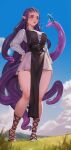  1girl absurdres bird breasts day hand_on_hip highres holy_meh lips long_hair medium_breasts original outdoors pelvic_curtain pointy_ears purple_eyes purple_hair sandals solo standing tentacle_hair very_long_hair 