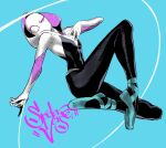  1girl ahn_dongshik bodysuit breasts full_body gwen_stacy highres hood hooded_bodysuit looking_at_viewer marvel simple_background skin_tight solo spider-gwen spider-man:_into_the_spider-verse spider-man_(series) spider_web_print superhero 