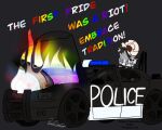  black_markings brick burning car didelphid feral fur grey_body grey_fur lgbt_pride male mammal markings marsupial police_car politics possumgod pride_colors protest red_eyes ryder_the_pirate_(possumgod) solo vehicle white_body 