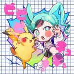  1girl :o aqua_eyes aqua_hair bandaid bare_shoulders chibi earrings electricity full_body hatsune_miku highres holding holding_poke_ball jacket jewelry lightning_bolt-shaped_pupils lightning_bolt_symbol love_ball nokomo one_eye_closed open_clothes open_jacket pikachu poke_ball pokemon pokemon_(creature) project_voltage signature tears vocaloid volt_tackle_(vocaloid) white_jacket 