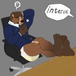  anthro bear bodily_fluids brown_bear chair clothed clothing diaper feet furniture genital_fluids grizzly_bear hair hi_res kuruk_(character) male mammal mane mane_hair office_chair partially_clothed phone shirt sitting solo suit_and_tie third-party_edit topwear urine ursine used_diaper wearing_diaper wet_diaper wetting yeenyeenmike 