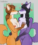  &lt;3 anthro bodily_fluids breast_grab breast_squish breasts canid canine canis countershading duo eye_contact female female/female fingering floating_hearts genital_fluids green_eyes hand_on_breast hi_res kissing leah_(sheep_and_wolves) looking_at_another mammal navel nipples orange_body purple_body purple_eyes pussy_juice saliva saliva_string sarabi_(sheep_and_wolves) sheep_and_wolves simple_background squish tongue tongue_out vaginal vaginal_fingering volfislav wizart_animation wolf 