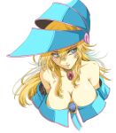  1girl aikosu_(icos) averting_eyes bare_shoulders blonde_hair blue_eyes blue_headwear blush_stickers breasts cleavage commentary_request cropped_torso dark_magician_girl duel_monster gem hair_between_eyes hat jewelry large_breasts long_hair neck_ring pentacle pentagram red_gemstone signature simple_background solo white_background wizard_hat yu-gi-oh! 