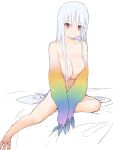  1girl absurdres animal_feet bird_girl blue_hair breasts cleavage closed_mouth collarbone completely_nude diffraction_spikes highres large_breasts long_hair looking_at_viewer miao_yao_cha nude on_bed original personification rainbow_gradient red_eyes sitting solo winged_arms wings 