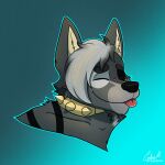  black_body black_fur black_nose blep blep_kiss canid canine canis codymathews collar dualitywolfie_(character) eyes_closed fur gold gold_(metal) gradient_background hair icon male mammal simple_background spiked_collar spikes striped_body stripes tongue tongue_out white_hair wolf 