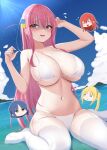  4girls arm_up bikini blue_eyes blue_sky blush bocchi_the_rock! breasts cleavage cloud cube_hair_ornament curvy day gotou_hitori hair_ornament hand_up highres ijichi_nijika ineedu041_tako kita_ikuyo large_breasts multiple_girls navel ocean open_mouth outdoors pink_hair raised_eyebrows side_ahoge sitting skindentation sky solo_focus sunlight swimsuit thighhighs thighs wariza water wavy_mouth wet white_bikini white_thighhighs yamada_ryou 