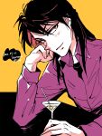  1boy artist_name black_hair closed_mouth cocktail_glass collared_shirt commentary_request cup dated drinking_glass head_rest head_tilt highres ichijou_seiya joukyou_seikatsuroku_ichijou kaiji long_hair long_sleeves looking_at_viewer male_focus martini medium_bangs olive purple_shirt red_eyes shirt smile solo table undershirt unknown03162 upper_body yellow_background 
