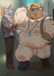  2023 absurd_res anthro armor bear belly big_belly bodily_fluids bottomwear brown_body canid canine canis clothing domestic_dog duo eyewear glasses hard_hat headgear helmet hi_res kemono male mammal musk necktie overweight overweight_male pants shirt sweat tachiuo topwear 