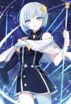  1girl blue_dress blue_eyes blue_gloves bracelet cape character_request collared_dress constellation dress elbow_gloves gloves hair_ornament highres holding holding_staff jewelry love_mintchoco maplestory night night_sky short_hair silver_trim single_elbow_glove single_glove sky solo sparkle staff star_(sky) star_(symbol) star_hair_ornament white_cape white_hair 