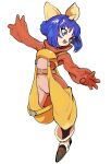  1girl blue_eyes blue_hair bodysuit bow eiko_carol final_fantasy final_fantasy_ix full_body gan2 gloves hair_bow highres horns open_mouth short_hair simple_background single_horn smile solo white_background yellow_bow 