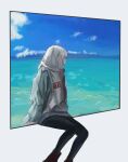  1girl absurdres black_pants blue_sky brown_footwear cloud cloudy_sky english_text grey_hair highres horizon jacket kaijuu_no_kodomo ocean pants shinkopeishon shirt sitting sky solo umi_(kaijuu_no_kodomo) water white_background white_shirt 