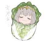  1boy cabbage chibi closed_eyes crown diamond_hairband fate/grand_order fate_(series) food grey_hair highres male_focus medium_hair oberon_(fate) simple_background sleeping smile solo translation_request vegetable white_background yurumawari 