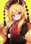  1girl black_dress black_headwear blonde_hair blush chinese_clothes closed_mouth dress hair_between_eyes harakune_(mugennero) junko_(touhou) long_hair long_sleeves looking_at_viewer phoenix_crown red_eyes simple_background smile solo tabard touhou upper_body wide_sleeves yellow_background 