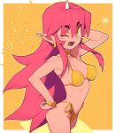  1girl ;d bikini breasts commentary_request covered_nipples earrings fang gold_bikini horns jewelry long_hair looking_at_viewer medium_breasts metata one_eye_closed original pointy_ears red_hair side-tie_bikini_bottom single_horn smile solo star_(symbol) swimsuit teeth translation_request yellow_background yellow_bikini 