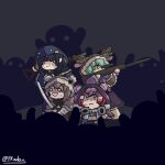  4girls :d animal_ear_fluff animal_ears animal_hood antlers black_bow black_hair blood blood_on_clothes blood_on_face blood_on_weapon blue_eyes bow bowtie brown_bow brown_bowtie brown_hair ceres_fauna chibi crowd deer_ears dual_wielding green_hair gun hakos_baelz highres holding holding_gun holding_sword holding_weapon hololive hololive_english hood katana multicolored_eyes multiple_girls nanashi_mumei ouro_kronii over_shoulder pyra_xadon red_hair rifle smile sniper_rifle sword twitter_username weapon weapon_over_shoulder white_eyes x_navel yellow_eyes 