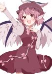  1girl animal_ears arm_up bird_ears bird_wings blush brown_dress brown_eyes brown_headwear cowboy_shot dress hat highres long_sleeves looking_at_viewer mystia_lorelei open_mouth pink_hair pink_wings shirt short_hair simple_background smile solo suzuki_niboshi touhou white_background white_shirt winged_hat wings 