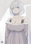  1girl arms_at_sides blue_eyes blush bob_cut breasts cleavage curtains dated dress grey_dress hadashi_no_kenji highres indoors large_breasts original upper_body 
