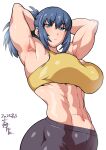  1girl abs armpits arms_behind_head blue_eyes blue_hair breasts highres jackasss leona_heidern long_hair muscular muscular_female navel ponytail simple_background solo the_king_of_fighters white_background 