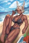  1girl abs animal_ears aviator_sunglasses bare_shoulders barefoot beach bikini black_bikini blue_sky boku_no_hero_academia breasts can carrot cleavage cloud collarbone cooler dark-skinned_female dark_skin elbow_rest feet food hair_bun highres holding holding_eyewear knee_up large_breasts long_eyelashes looking_at_viewer mirko muscular muscular_female navel outdoors parted_bangs parted_lips popsicle rabbit_ears rabbit_girl raised_eyebrow reclining red_eyes single_hair_bun sky smile soda_can solo soolee040995 stomach sunglasses swimsuit thighs toenails toes water white_hair 