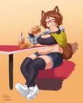  1girl animal_ear_fluff animal_ears artist_name black_thighhighs breasts brown_hair brown_tail chimeracauldron cleavage closed_eyes closed_mouth commission cropped_hoodie dog_girl drinking_straw eating edie_crop_hoodie english_commentary food french_fries full_body glasses gradient_background green_nails head_tilt highres holding holding_food hood hoodie indie_virtual_youtuber large_breasts long_sleeves medium_hair meme_attire midriff mint_castella napkin navel plump red-framed_eyewear sandwich semi-rimless_eyewear shoes short_shorts shorts simple_background sitting sneakers solo table tail tail_wagging thick_thighs thighhighs thighs under-rim_eyewear virtual_youtuber white_footwear yellow_background 