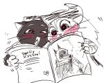  &lt;3 &lt;3_eyes anthro bisexual blood blushing_profusely bodily_fluids canid canine canis claws death_(puss_in_boots) domestic_cat dreamworks duo felid feline felis female group holding_object interspecies kitty_softpaws magazine male male/female male/male mammal mmf nosebleed polyamory puss_in_boots_(dreamworks) puss_in_boots_(film) puss_in_boots_the_last_wish tabby_cat trio tuxedo_cat ultimatellurker wolf 