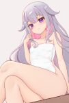  1girl absurdres colored_inner_hair crossed_legs grey_hair highres hololive hololive_english honon jewel_under_eye koseki_bijou long_hair looking_at_viewer multicolored_hair naked_towel pink_hair purple_eyes simple_background solo towel virtual_youtuber 