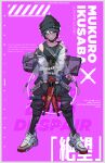  1girl bandaid bandaid_on_face border character_name danganronpa:_trigger_happy_havoc danganronpa_(series) danganronpa_2:_goodbye_despair danganronpa_v3:_killing_harmony dual_wielding english_text full_body gun highres hinata_hajime holding holding_gun holding_weapon ikusaba_mukuro jacket looking_at_viewer pink_background qosic see-through see-through_jacket shoes single_bare_shoulder sneakers strap weapon white_border white_footwear 