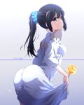  1girl ass black_hair blue_scrunchie candy_apple commentary_request dress food frilled_dress frills from_behind hair_ornament hair_scrunchie hibike!_euphonium highres kousaka_reina long_hair nii_manabu ponytail scrunchie solo white_dress 