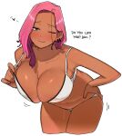  1girl blush bra bra_pull breasts cleavage clothes_pull dark-skinned_female dark_skin earrings english_text jewelry large_breasts looking_at_viewer ohasi one_eye_closed original panties pink_(ohasi) pink_hair short_hair simple_background solo sweat underwear white_background 