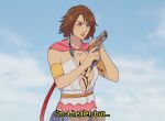  1girl after_war_gundam_x armband belt blue_eyes braid breasts brown_belt brown_hair chest_tattoo cocking_gun commentary english_commentary english_text final_fantasy final_fantasy_x gun gundam halterneck handgun hanpetos holding holding_gun holding_weapon i&#039;m_a_healer_but..._(meme) meme parody parted_lips plunging_neckline pouch short_hair_with_long_locks side_braid small_breasts solo subtitled tattoo underwear weapon yuna_(ff10) 