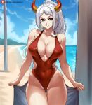  1girl aqua_hair arms_at_sides ass_visible_through_thighs bare_arms bare_shoulders beach breasts cleavage closed_mouth collarbone contemporary covered_navel covered_nipples cowboy_shot curled_horns day earrings green_hair grey_hair groin high_ponytail highleg highleg_swimsuit highres holding holding_towel hoop_earrings horns jewelry lady_shin large_breasts long_hair looking_at_viewer multicolored_hair multicolored_horns ocean one-piece_swimsuit one_piece oni outdoors patreon_logo plunging_neckline red_horns red_one-piece_swimsuit sand skin_tight skindentation smile solo stomach swimsuit thigh_gap towel very_long_hair water web_address yamato_(one_piece) yellow_eyes yellow_horns 