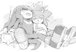  2boys animal_ears animal_nose blush boots closed_eyes closed_mouth drooling furry furry_male gloves grass greyscale hedgehog hedgehog_ears hedgehog_tail highres knuckles_the_echidna male_focus monochrome multiple_boys open_mouth sharp_teeth shoes simple_background sitting sk_rokuro sleeping smile sneakers socks sonic_(series) sonic_the_hedgehog spread_legs tail teeth tree 