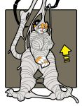  anthro arrow_sign arthropod_webbing bound felid female hanging_from_branch hi_res hypnofood mammal pantherine sascha_(hypnofood) solo spider_web tiger web_bondage 