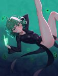  1girl black_dress breasts collared_dress curly_hair dress floating green_eyes green_hair index_finger_raised kadokadokado looking_at_viewer one-punch_man short_hair small_breasts tatsumaki thighs 