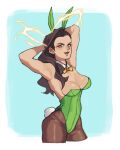  1girl animal_ears arms_up asymmetrical_hair braid breasts brown_eyes brown_hair cleavage cornrows detached_collar electricity fake_animal_ears green_leotard highres laura_matsuda leotard long_hair nappooz pantyhose playboy_bunny rabbit_ears solo street_fighter street_fighter_v 