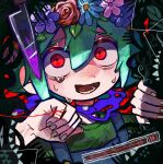  1boy basil_(omori) blue_overalls crying crying_with_eyes_open green_hair green_shirt head_wreath highres knife looking_at_viewer lower_teeth_only omori open_mouth overalls red_eyes shirt short_hair something_(omori) spoilers tears teeth tongue uminosoko44 upper_body 