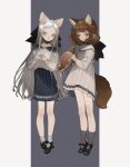  2girls animal_ears black_footwear blue_eyes blue_skirt blunt_bangs brown_eyes brown_hair cat_ears cat_girl cat_tail dress full_body grey_eyes grey_socks hat highres holding holding_clothes holding_hat long_hair looking_at_viewer multiple_girls neck_ribbon nekosuke_(oxo) original own_hands_clasped own_hands_together pleated_dress pleated_skirt ribbon school_uniform shirt sidelocks simple_background skirt socks standing straw_hat tail very_long_hair white_dress white_shirt 