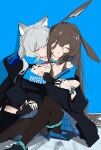  2girls absurdres amiya_(arknights) animal_ear_fluff animal_ears anklet arknights arm_around_waist bare_shoulders bed_sheet bite_mark bite_mark_on_chest bite_mark_on_shoulder black_footwear black_gloves black_hood black_jacket blue_anklet blue_background blue_bracelet blue_choker blue_skirt blush bracelet brown_hair brown_pantyhose cat_ears cat_girl chinese_commentary choker closed_eyes collarbone commentary_request covered_mouth double-parted_bangs facing_another facing_viewer fingerless_gloves flat_chest flustered foot_out_of_frame from_side gloves grey_hair hair_between_eyes hair_flowing_over hair_spread_out hand_on_another&#039;s_chest head_tilt heads_together highres holding_hands hood hood_down hooded_jacket hug hug_from_behind indoors infection_monitor_(arknights) jacket jewelry knee_up laowei long_hair long_sleeves multiple_girls multiple_rings nose_blush off_shoulder on_bed open_clothes open_jacket oripathy_lesion_(arknights) pantyhose parted_lips plaid plaid_skirt pleated_skirt ponytail puffy_long_sleeves puffy_sleeves rabbit_ears rabbit_girl resting ring rosmontis_(arknights) shadow shoes sidelocks simple_background sitting sketch skirt straight_hair thighlet upper_body variant_set very_long_hair yuri 