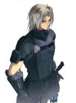 1boy absurdres aged_down arm_armor black_gloves chest_strap commentary final_fantasy final_fantasy_vii final_fantasy_vii_ever_crisis gloves green_eyes grey_hair hand_on_weapon highres kojimarie male_focus official_alternate_costume purple_shirt sephiroth sephiroth_(aeroglider) serious shirt short_hair short_sleeves simple_background slit_pupils solo standing sword turtleneck turtleneck_shirt upper_body weapon white_background 