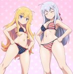  2girls american_flag_bikini bikini blonde_hair blue_eyes breasts closed_eyes closed_mouth commentary commentary_request commission cross_hair_ornament flag_print flat_chest gabriel_dropout gabriel_tenma_white grey_hair hair_ornament hair_ribbon hands_on_own_hips light_frown long_hair looking_at_viewer medium_breasts multiple_girls navel partial_commentary pixiv_commission print_bikini purple_background raphiel_shiraha_ainsworth red_ribbon ribbon smile starry_background string_bikini swimsuit very_long_hair vierosky 