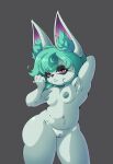  armpit_hair body_hair breasts eyeshadow female fur genitals green_body green_fur green_hair hair hi_res humanoid league_of_legends looking_at_viewer makeup navel nude pinkupinkish pussy riot_games short_stack simple_background small_breasts solo vex_(lol) yordle 