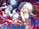  2girls angry armor asymmetrical_sleeves bandaged_arm bandages bare_shoulders battle black_cape black_choker black_fire blue_eyes blush bow breasts cape choker cleavage collarbone cryokinesis dual_wielding duel energy fighting fire folding_fan full_moon grey_hair hair_bow hand_fan high_collar holding holding_sword holding_weapon ice infinity_symbol japanese_armor japanese_clothes katana kimono lantern large_breasts light_particles looking_at_another low_neckline miyabi_(senran_kagura) moon multiple_girls night night_sky official_art open_mouth ouroboros panties paper_lantern ribbon-trimmed_kimono senran_kagura senran_kagura_shinovi_versus short_hair sky slit_pupils sparkle star_(sky) starry_sky striped striped_bow sword tachi_(weapon) teeth thighhighs tongue tower tsuba_(guard) tsuka-ito underwear uneven_sleeves upper_teeth_only weapon white_bow white_hair white_kimono yaegashi_nan yellow_eyes yellow_panties yumi_(senran_kagura) 