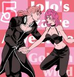  1boy 1girl aged_up black_pants blonde_hair breasts choker collarbone commentary_request copyright_name giorno_giovanna hand_grab hetero jojo_no_kimyou_na_bouken kid_(kidocchi) large_breasts long_hair long_sleeves looking_at_another midriff navel pants parted_lips pink_hair strapless trish_una tube_top vento_aureo 