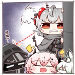  1other 3girls ahoge anger_vein animal_ear_fluff animal_ears arknights arrow_(symbol) black_pants black_shirt blue_background blush bright_pupils cape cat_ears chibi clenched_teeth closed_eyes commentary_request doctor_(arknights) green_hair grey_cape grey_hair hood hood_up horns kado_(hametunoasioto) kal&#039;tsit_(arknights) long_sleeves mask multicolored_hair multiple_girls open_mouth oripathy_lesion_(arknights) pants peeking_out pink_hair red_eyes red_hair shirt smile streaked_hair sweat tail teeth theresa_(arknights) w_(arknights) white_pupils 