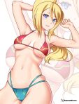  1girl adapted_costume arms_up bare_arms bare_shoulders bikini blonde_hair blue_eyes breasts commentary cowboy_shot english_commentary etchimune groin hair_between_eyes large_breasts metroid mismatched_bikini navel parted_lips pink_lips ponytail samus_aran standing stomach swimsuit 