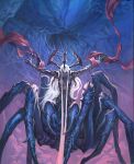  1girl arthropod_girl colored_skin dark_elf dungeons_and_dragons elf highres horns jesper_ejsing lolth long_hair looking_at_viewer pointy_ears purple_skin solo spider_girl very_long_hair 