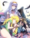  3girls absurdres albedo_(overlord) bangle belt_collar black_hair black_wings blonde_hair bracelet closed_eyes collar commentary_request denim denim_shorts drooling gloves green_shirt grey_hair hairband hara_yumi highres horns hoshii_miki idolmaster idolmaster_(classic) jeans jewelry lap_pillow long_hair midnamana multiple_girls necklace open_mouth pants purple_eyes red_nails shijou_takane shirt shorts sitting sleeping t-shirt thighs voice_actor_connection white_gloves white_shirt wings yokozuwari 