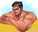  1boy abs bara darius_(league_of_legends) eyebrow_cut facial_hair kuroshima_kurishiro_(muyi24108414) large_pectorals league_of_legends long_sideburns male_focus mature_male muscular muscular_male nipples nude pectorals short_hair sideburns sketch solo stomach stubble thick_arms upper_body 